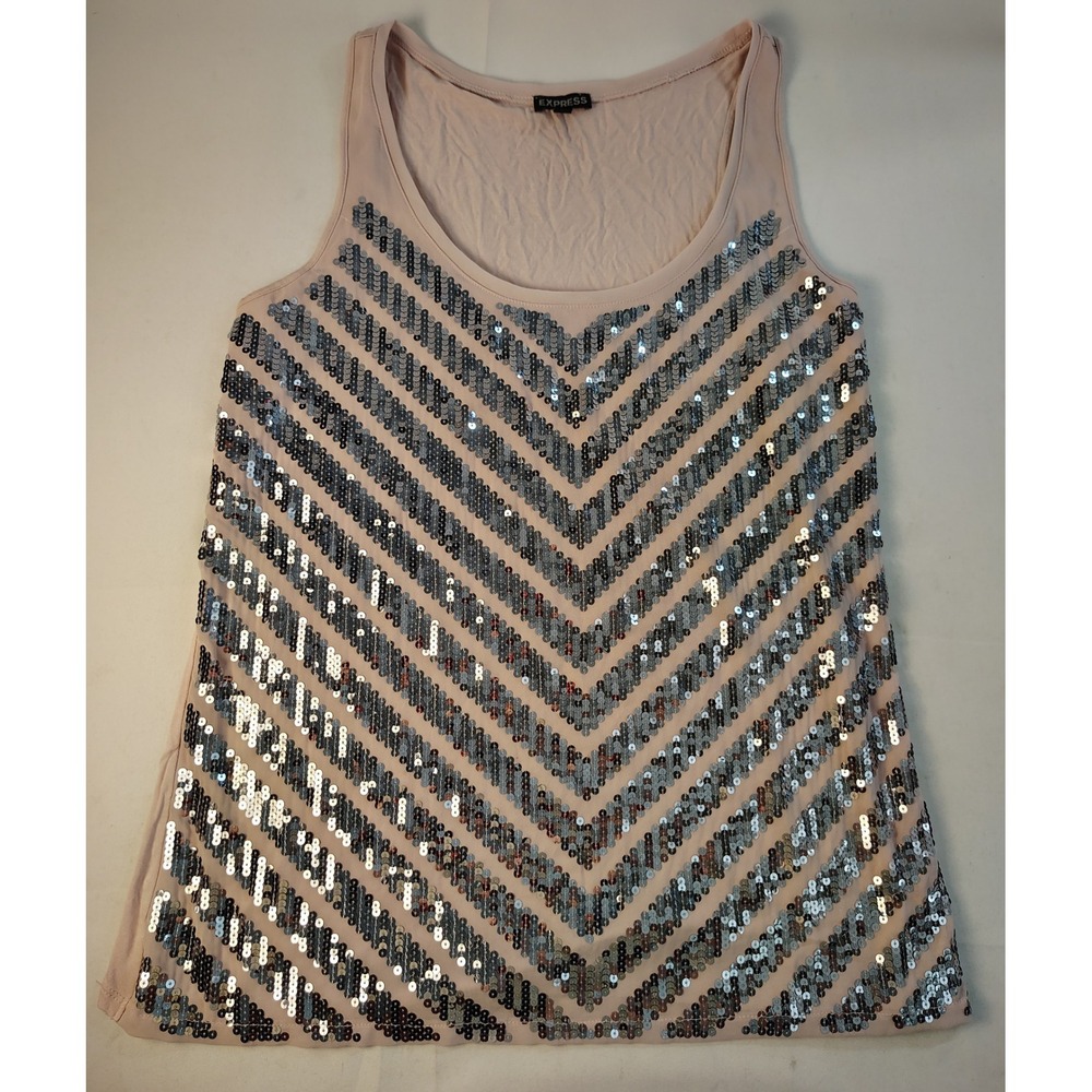 Express Womens Large Blush Pink Silver Sequin Chevron Scoop Neck Tank Top